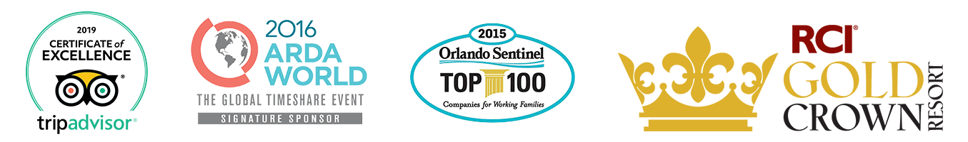 2019 Trip Advisor Certificate of Excellence, 2016 ARDA World, Orlando Sentinel Top 100, RCI Gold Crown