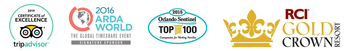 2019 Trip Advisor Certificate of Excellence, 2016 ARDA World, Orlando Sentinel Top 100, RCI Gold Crown