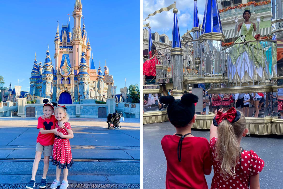 Left: A boy in a red t-shirt, khaki shorts and Mickey Ears hugs a girl in a red and white polka-dot dress and Minnie Ears in front of a castle. Right: The same boy and girl wave to characters on a parade float.