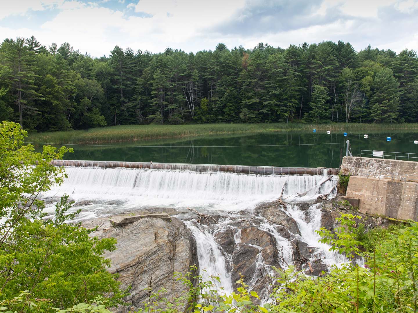 Aerial view of North Hartland Dam Recreation Area near Mount Ascutney Resort in Brownsville, VT.