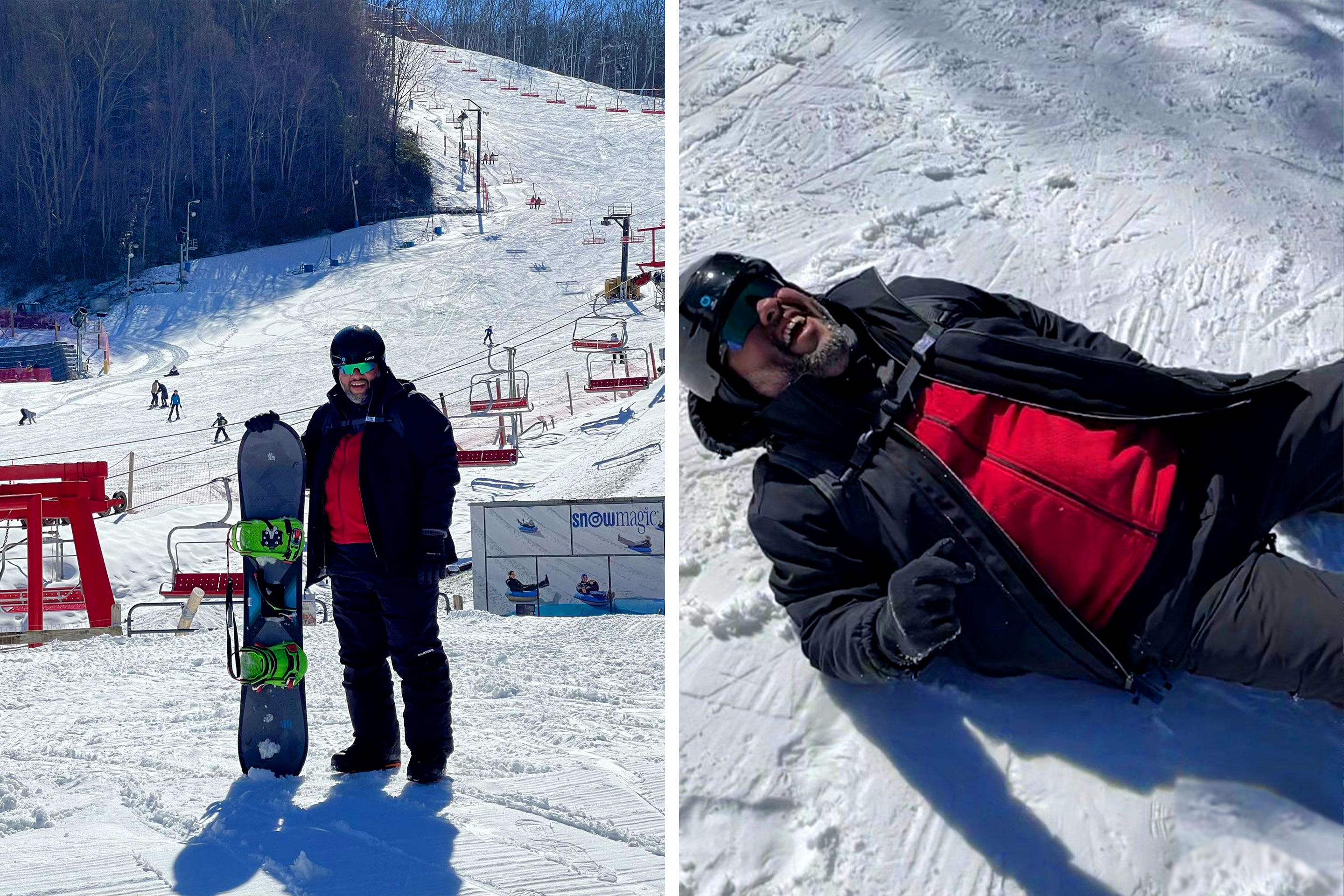 Left: A man in black and red snowboarding gear holds a blue snowboard in front of a trail. Right: A man in black and red snowboarding gear lays on the snowy ground.