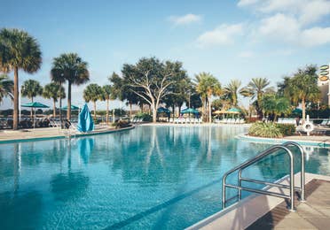 Pool with sun chairs surrounded by palm trees in the West Village at Orange Lake Resort near Orlando, Florida.