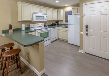 Kitchen in a two-bedroom villa at Holiday Hills Resort in Branson, MO.