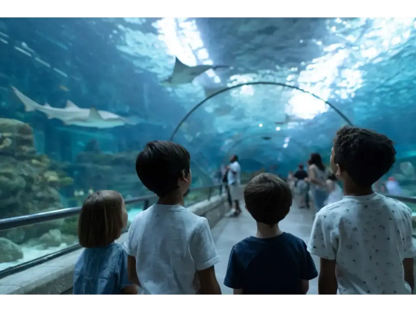 Kids watching fish and sharks through a glass tunnel at an aquarium.