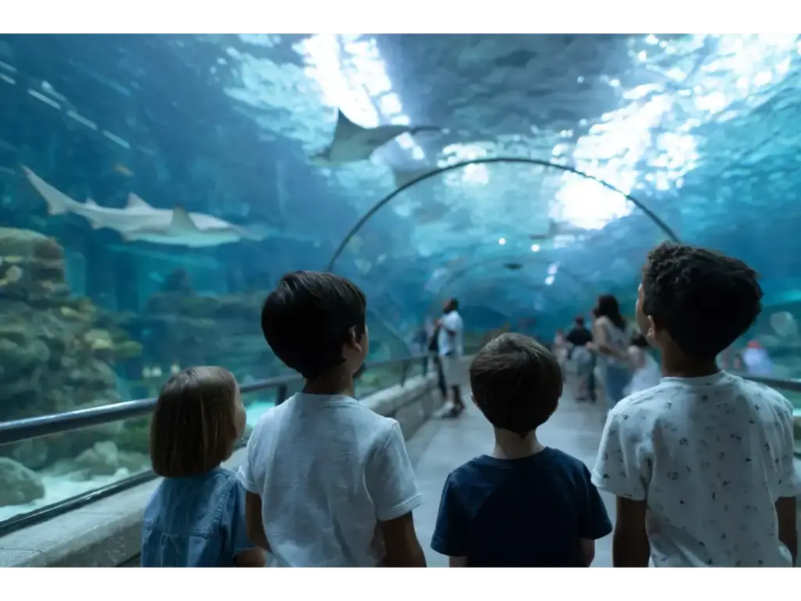 Children walk through shiny blue aquarium with fish surrounding.