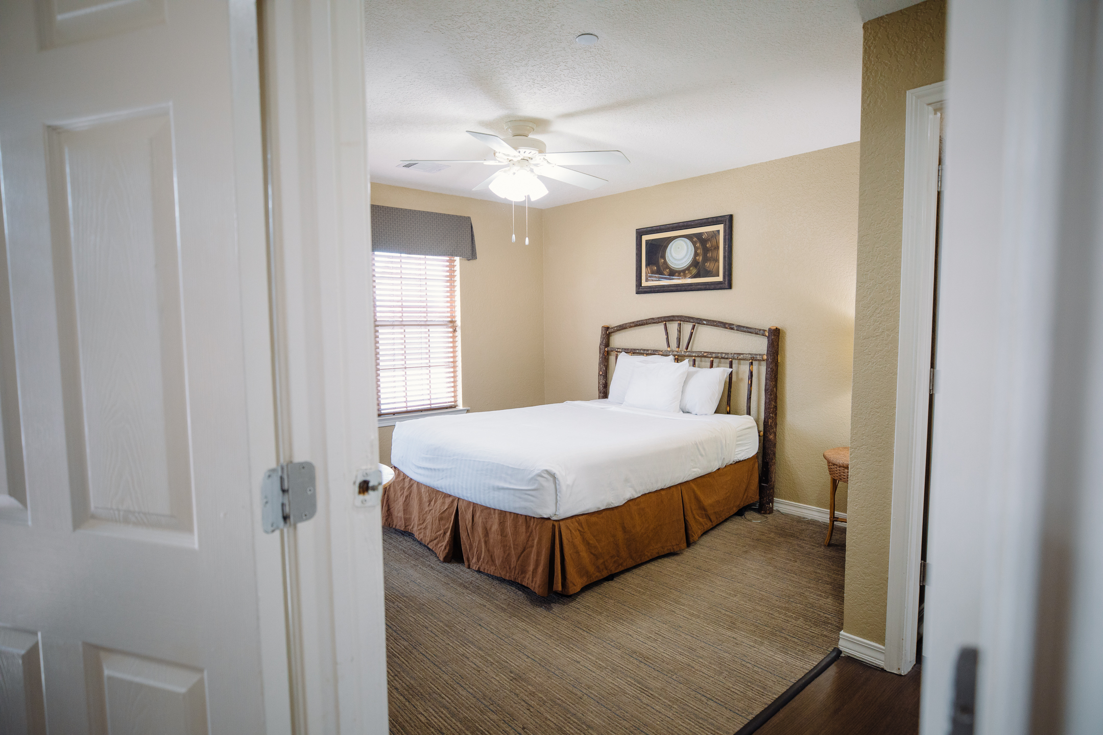 Bedroom in a two-bedroom lodge villa at the Hill Country Resort in Canyon Lake, Texas.