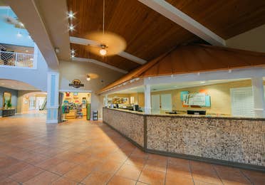 Lobby and front desk at Cape Canaveral Beach Resort in Florida.