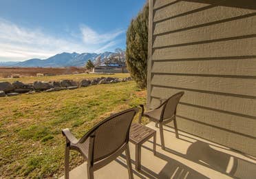 Patio with a view of the Sierra Nevada Mountains outside of a one-bedroom villa at David Walley's Resort in Genoa, Nevada