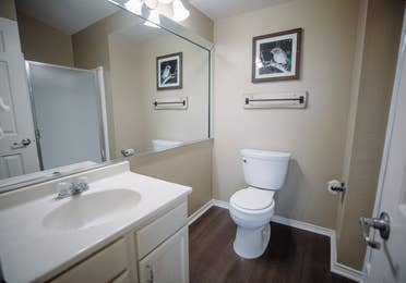 Bathroom a in two-bedroom townhome at the Hill Country Resort in Canyon Lake, Texas.