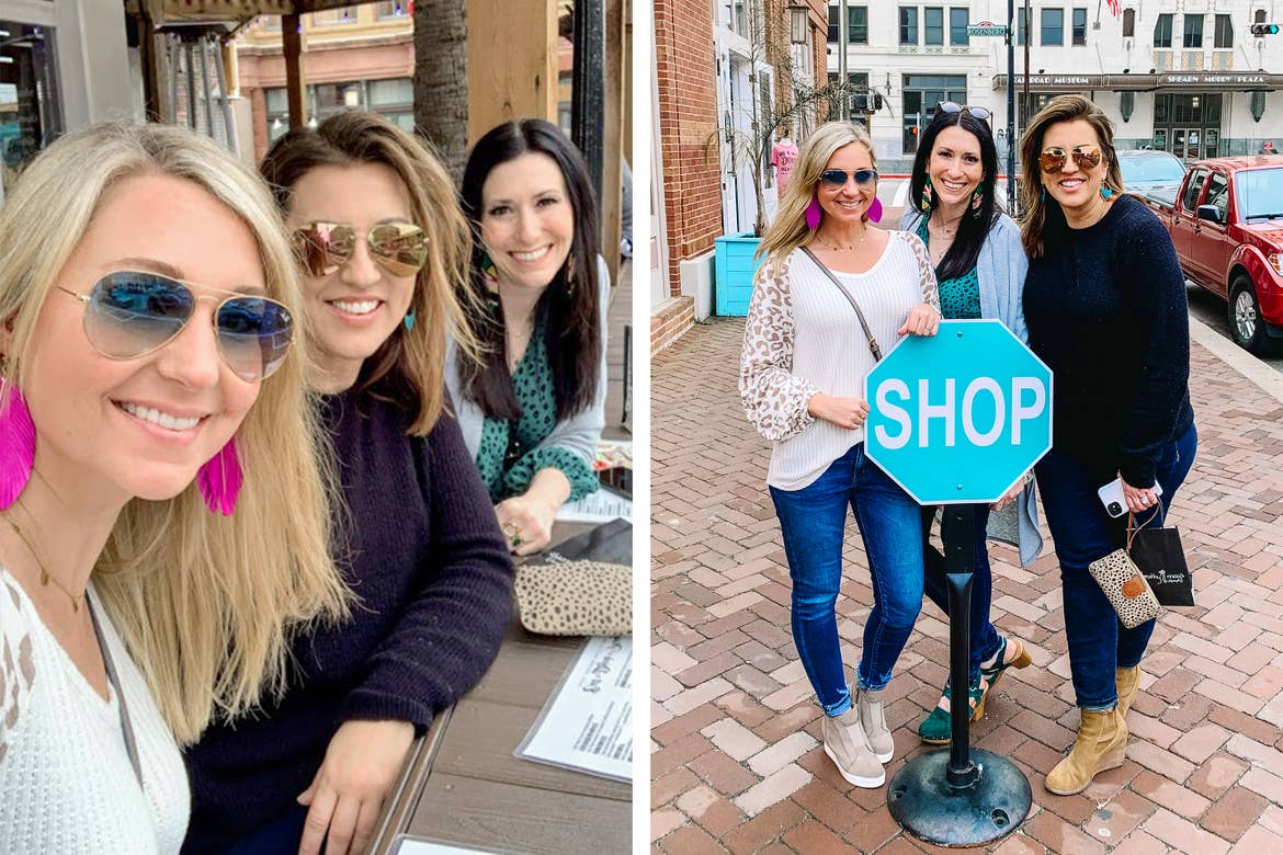 Right: Featured Contributor, Amanda Nall (left) poses with her two friends at a restaurant in historic downtown Galveston, Tx. Left: Amanda(left) poses with her two friends behind a blue 'STOP' sign that read 'SHOP'.
