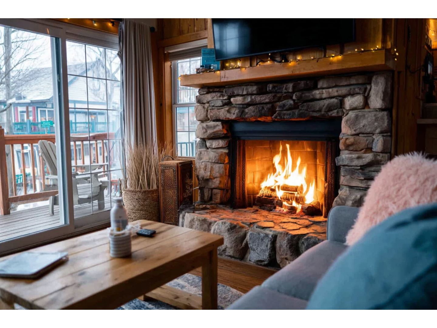 Comfortable indoor scene featuring a warm fireplace, cozy seating, and rustic décor.
