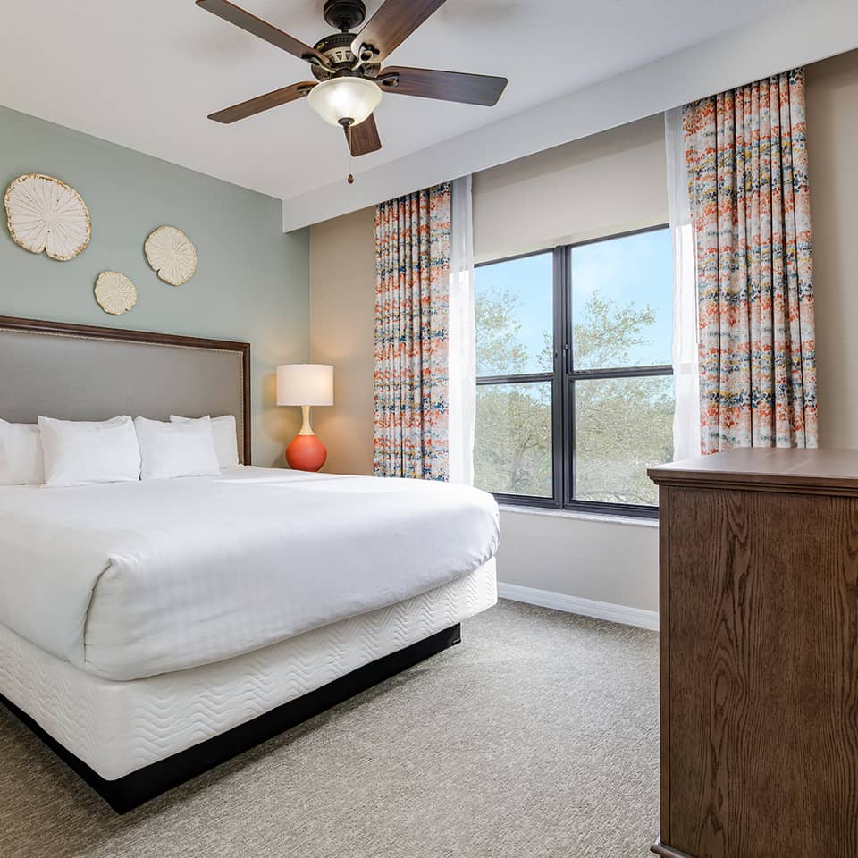 Sun-lit bedroom with a large window, king bed, and botanical art.
