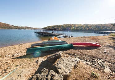 Kayaks and boat dock at Ozark Mountain Resort in Kimberling City, Missouri.