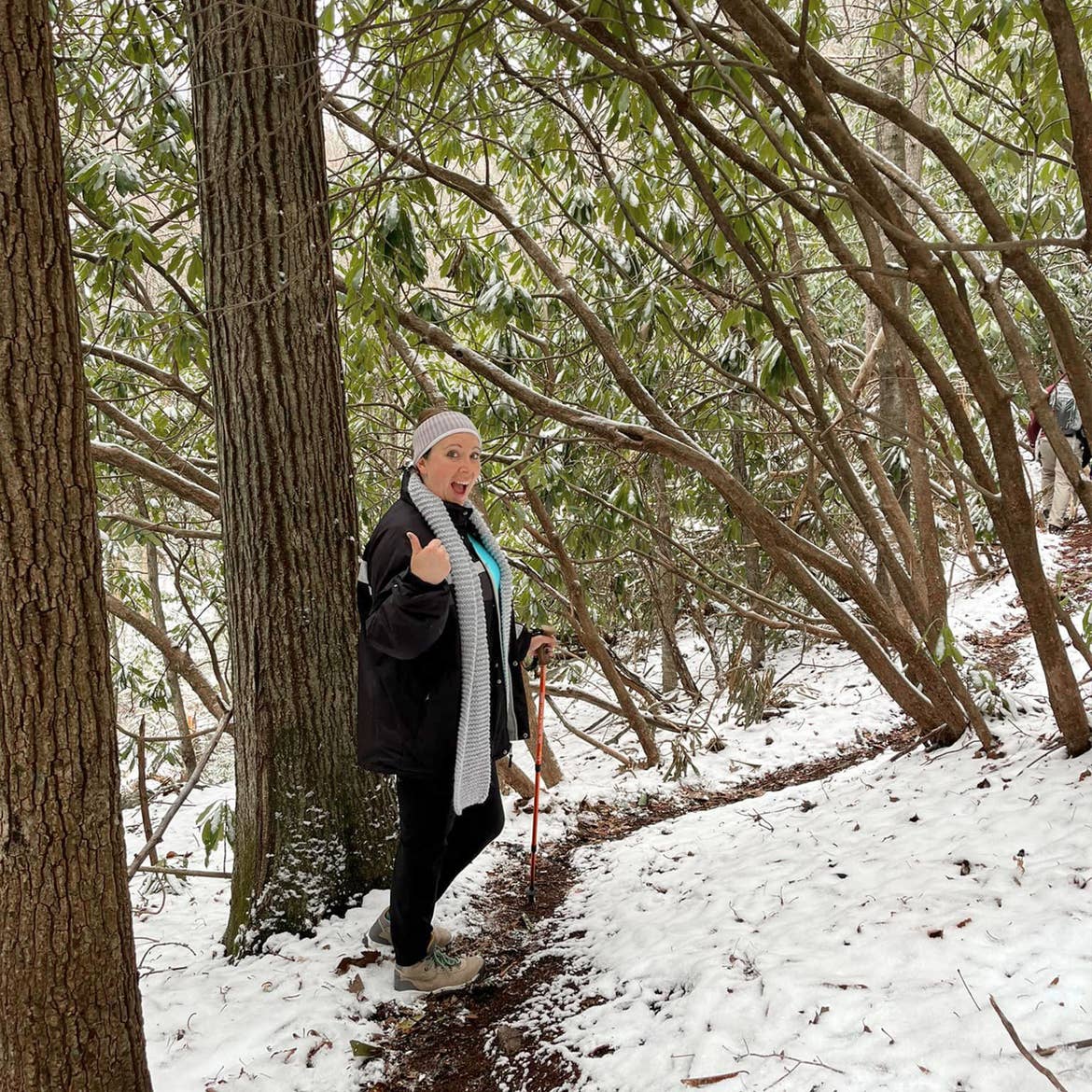 A woman wearing winter hiking apparel and holding a walking stick stands on a snowy, wooded trail.