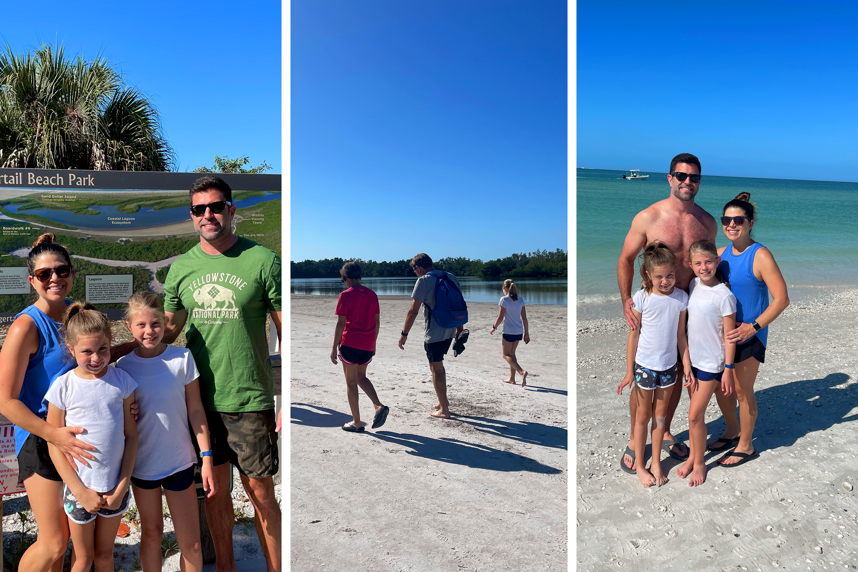 Left: A caucasian family of four stand in front of a trail map with Palm Trees in the Back. Center: A caucasian woman (left), man (middle) and girl (right) walk on a sandy beach. Right: A caucasian family of four stand on a beach.