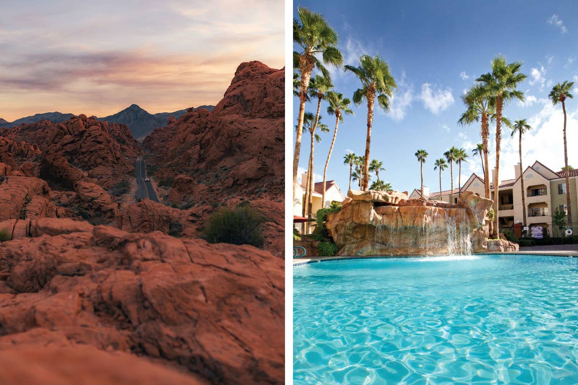 Left: Valley of Fire state Parks rolling rock formations alongside the road. Right: Exterior shot of our Desert Club Resort pool and waterfall feature.