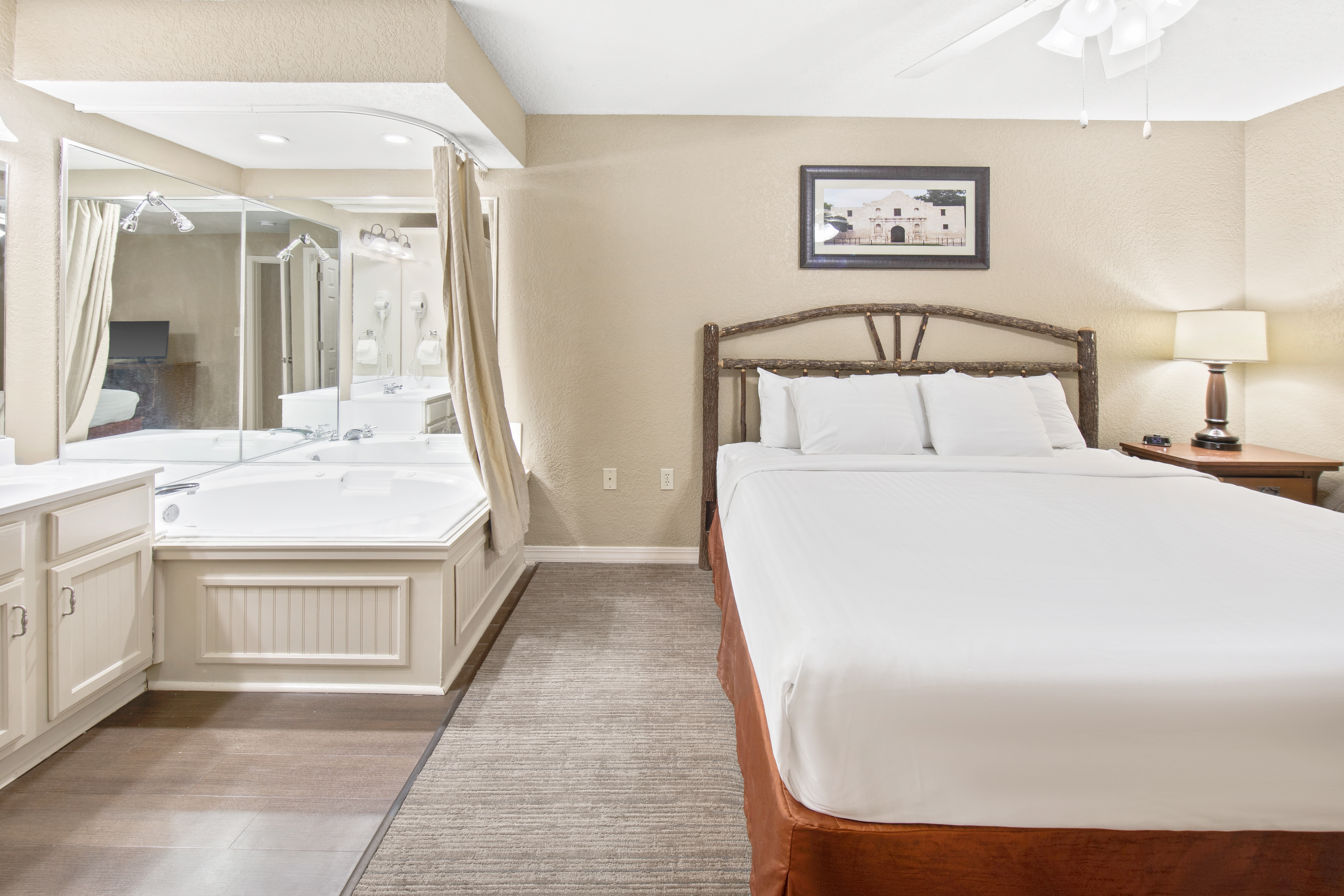 Bedroom in two-bedroom lodge at the Hill Country Resort in Canyon Lake, Texas.