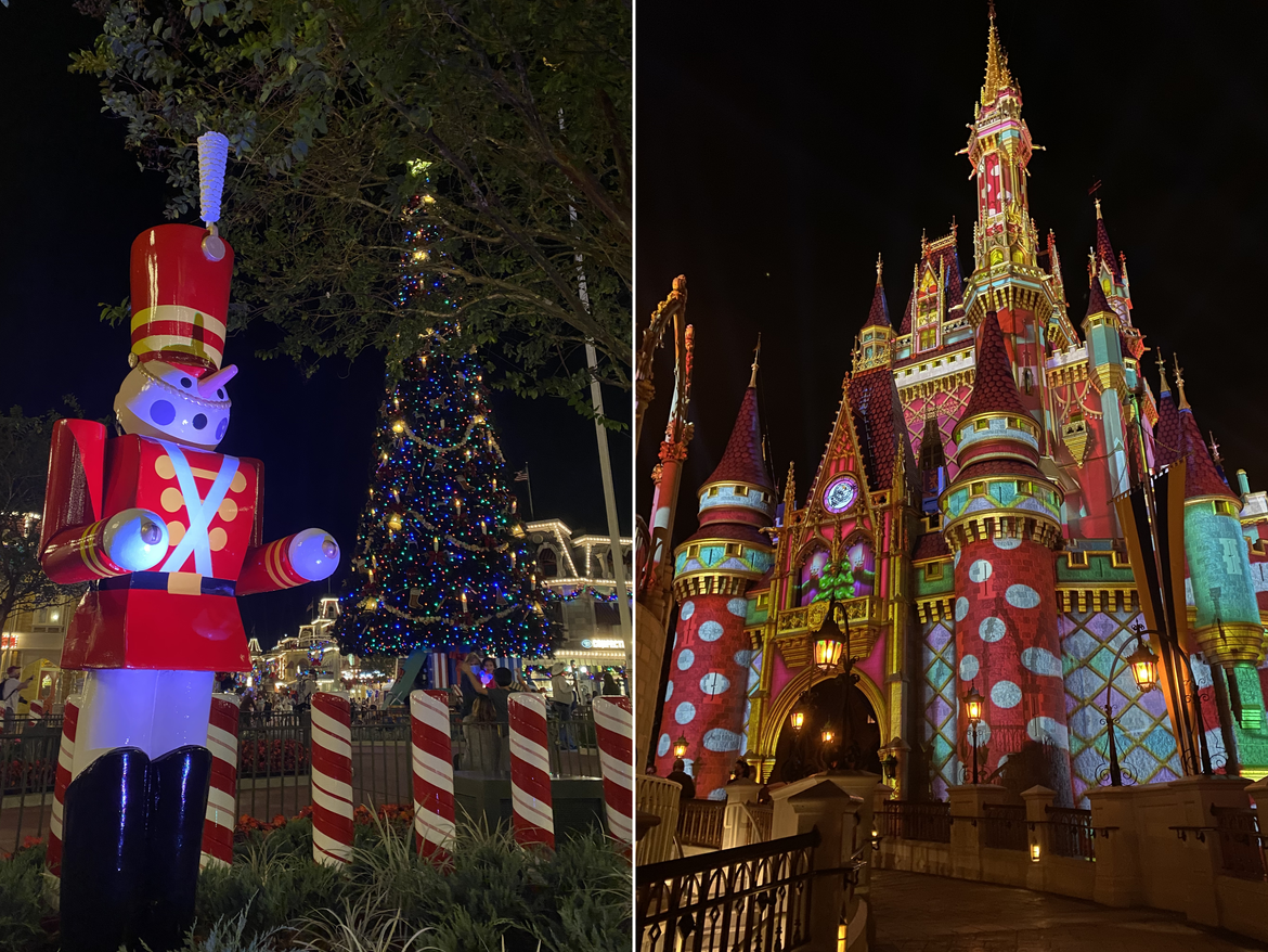 Left: A Toy Soldier stands next to the Christmas tree on Main Street at Magic Kingdom Park. Right: A projection at Cinderella's Castle displays holiday inspired colors and patterns at Walt Disney World® Resort.