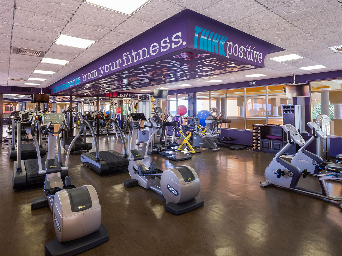 Fitness center with treadmills, ellipticals, weights and yoga balls at The Royal Haciendas in Playa del Carmen, Mexico.