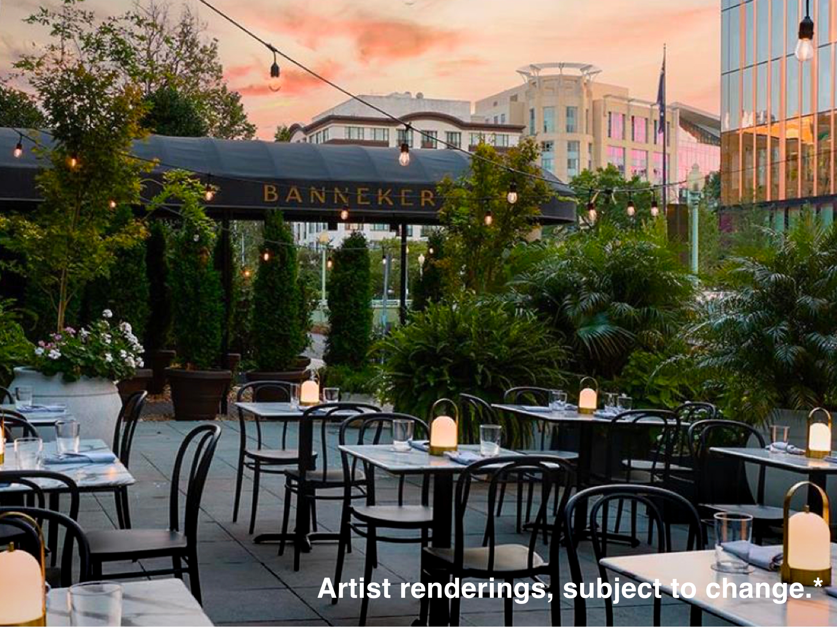 Outdoor dining area at Le Sel, the on-site French restaurant at Holiday Inn Club Vacations at Banneker. 