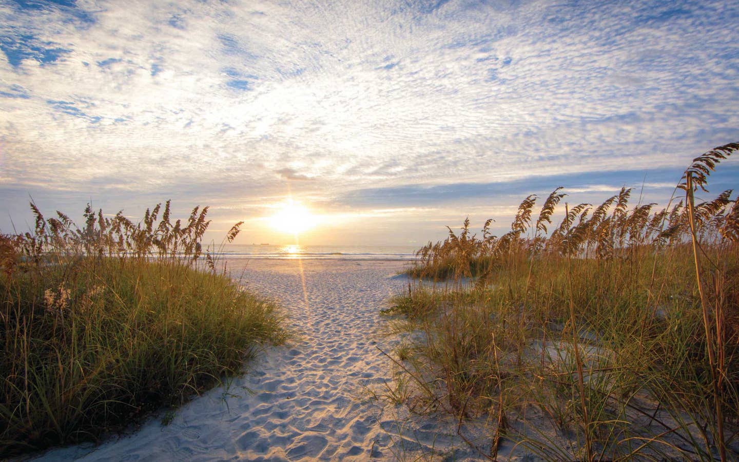 Cape Canaveral Beach sandy beach walkway with grass on the sides and a sunset overlooking the water in the distance.