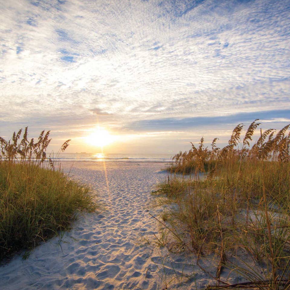 Cape Canaveral Beach sandy beach walkway with grass on the sides and a sunset overlooking the water in the distance.