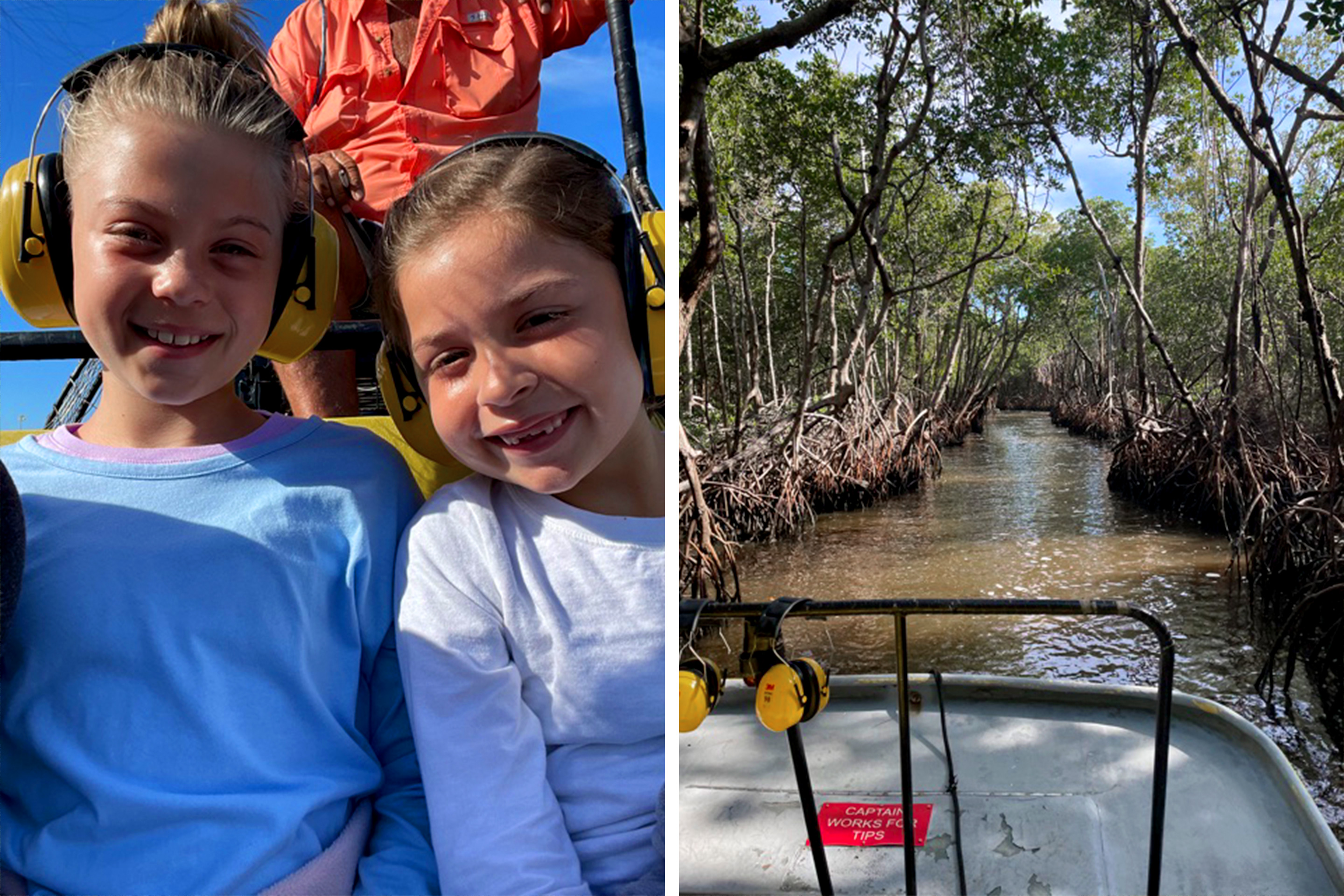 Left: A young caucasian girl (left) wearing a blue t-shirt and another young caucasian girl (right) wearing a long sleeve t-shirt on an airboat with yellow, noise-cancelling headphones. Right: A view from an airboat riding the Everglades surrounded by mangrove trees.