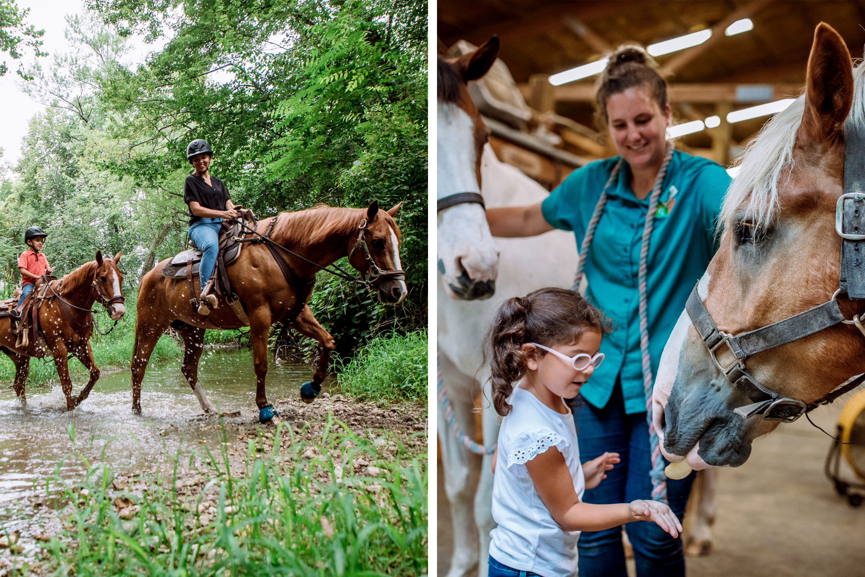 Left: A young boy (left) and a woman (right) ride horseback through a lush path. Right: A young girl (middle) feeds a horse with the help of a ranch hand.