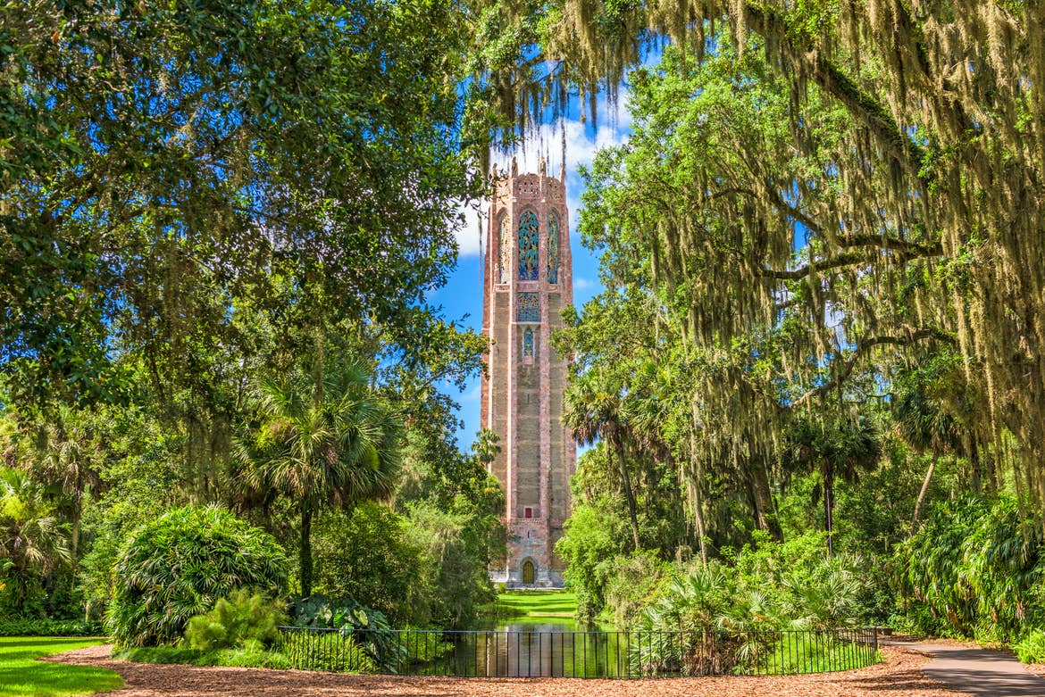 Bok Tower gardens green foliage and tower in the background.