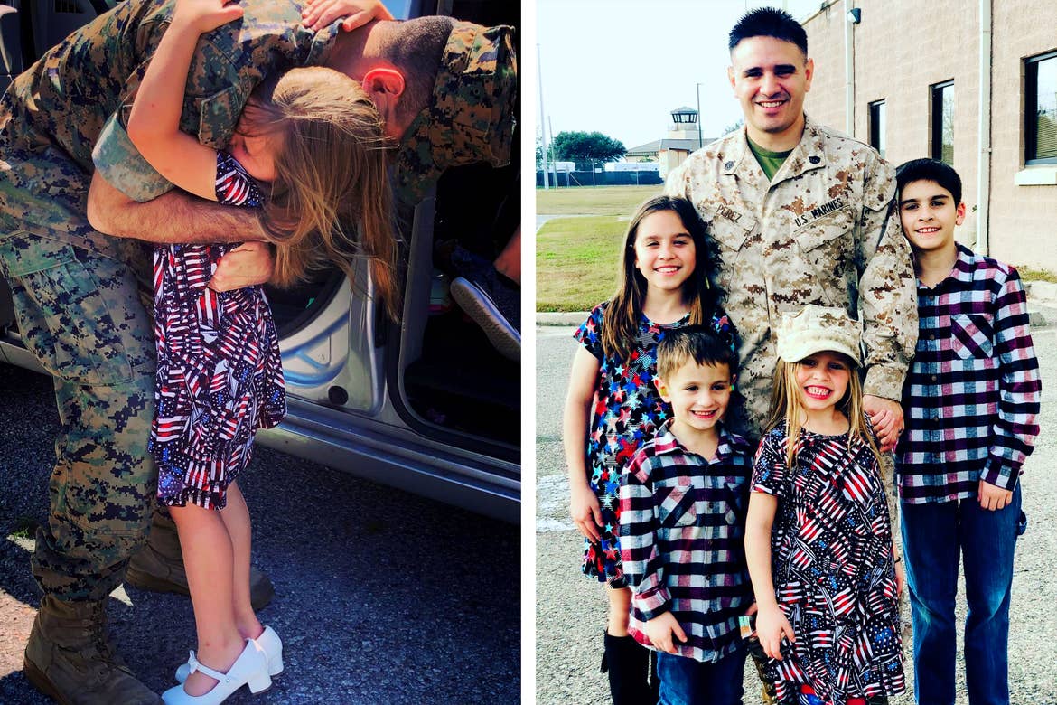 Left: Featured Member, Sara Perezes daughter (right) hugs her father (left) before he deploys. Right: Sara Perezes family stands together outdoor wearing patriotic-colored apparel.
