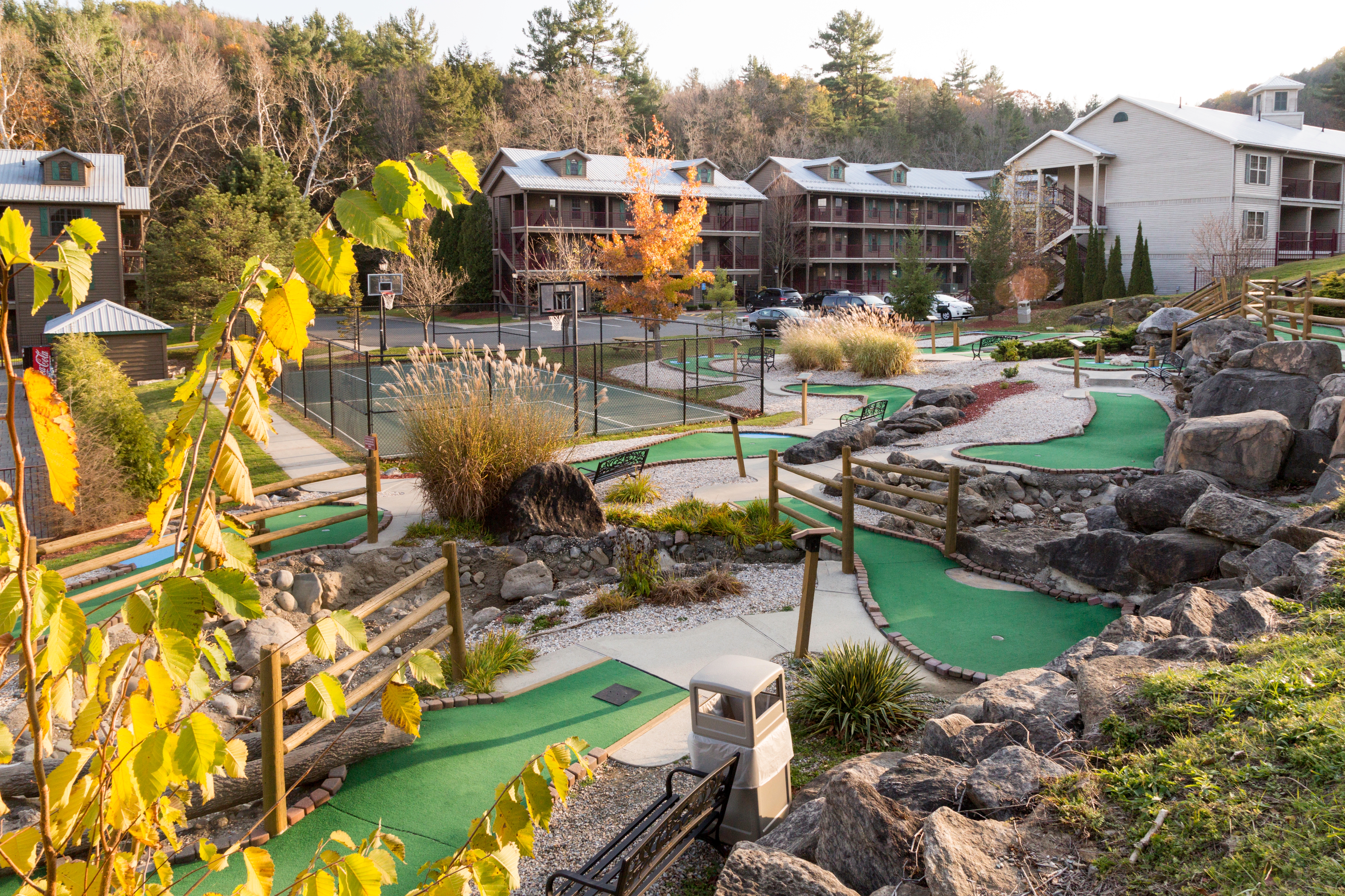 Several holes of a miniature golf course at Oak n' Spruce Resort in South Lee, Massachusetts.