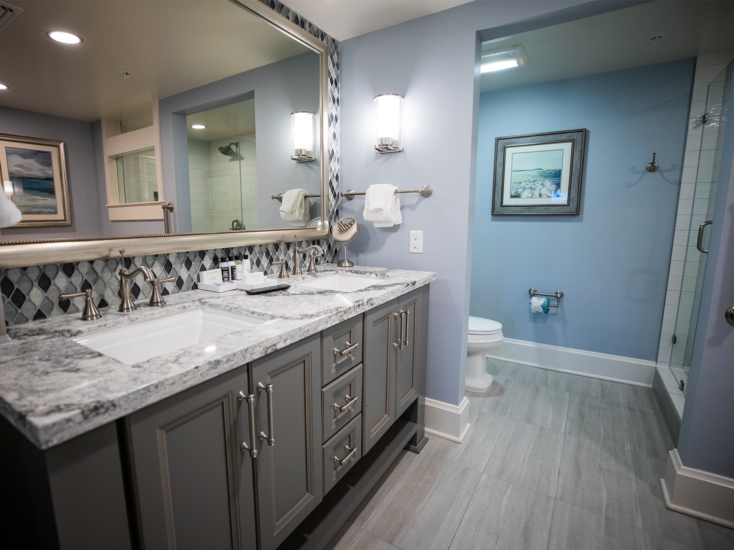 Bathroom with double vanity in a two-bedroom Signature Collection villa at Cape Canaveral Beach Resort.