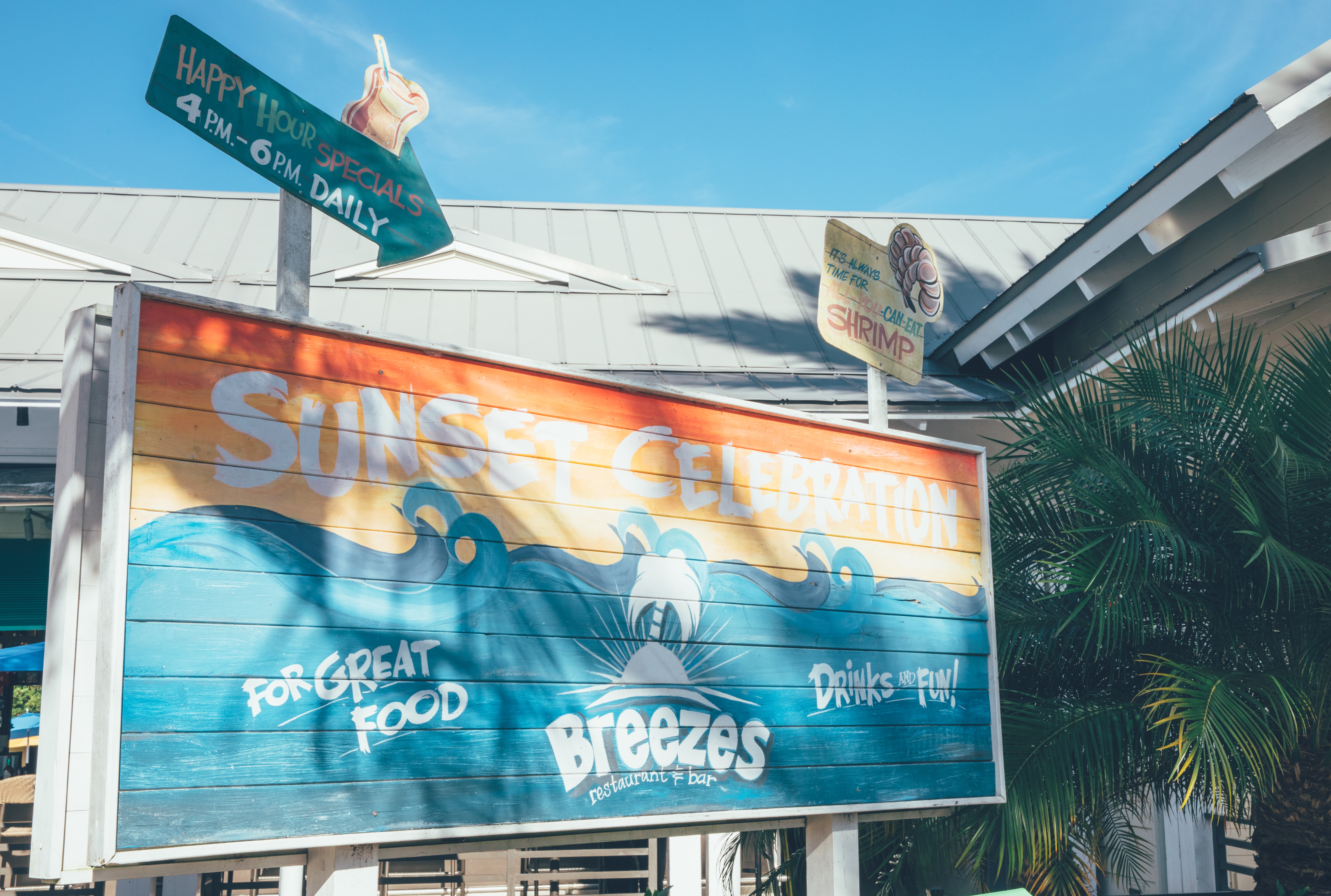 Breezes Restaurant & Bar signage in the West Village at Orange Lake Resort near Orlando, Florida.