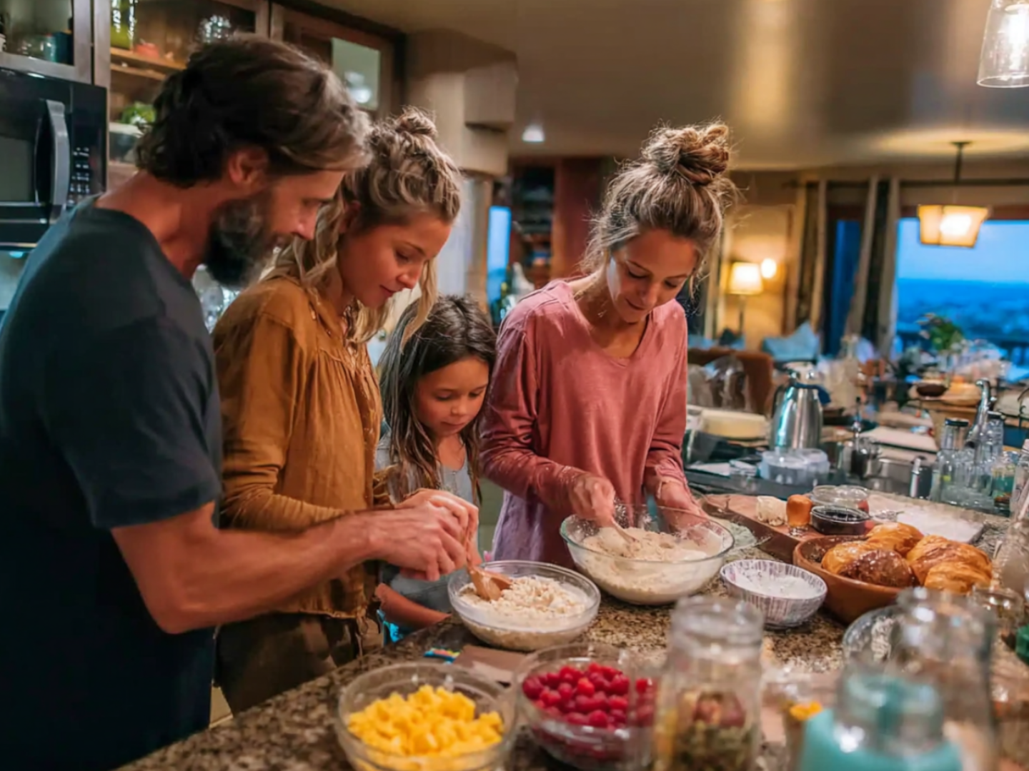 family of 4 baking in a kitchen