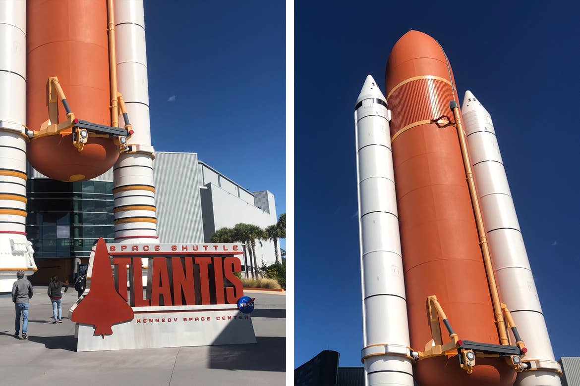 Left: The exterior of the Atlantis exhibit featuring the base of the decommissioned Atlantis rocket and sign that reads, 'Space Shuttle Atlantic, Kennedy Space Center' in Cape Canaveral, Florida. Right: The decommissioned Atlantis rocket.
