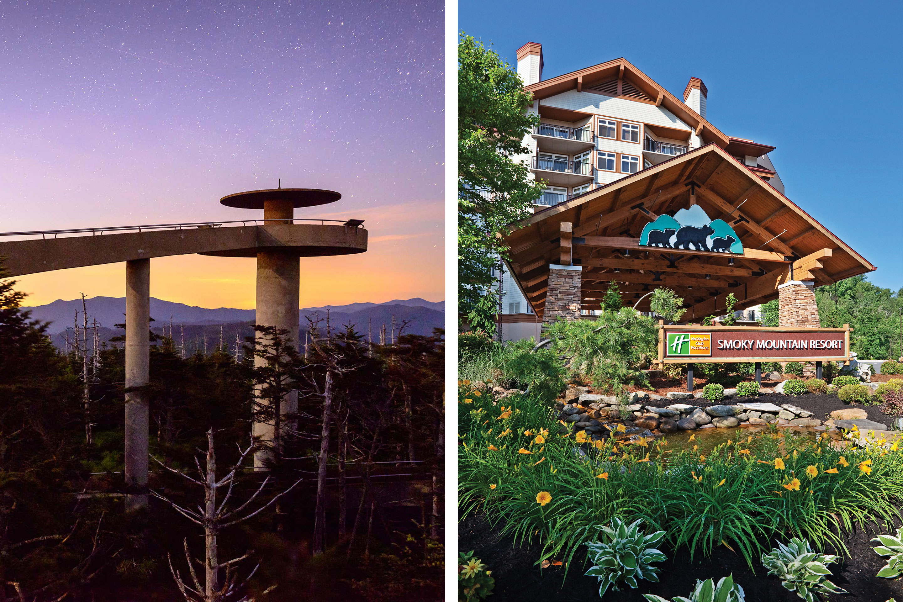 Left: Clingman's Dome as the sun sets and stars appear. Right: Exterior shot of the entrance to Smoky Mountain Resort.