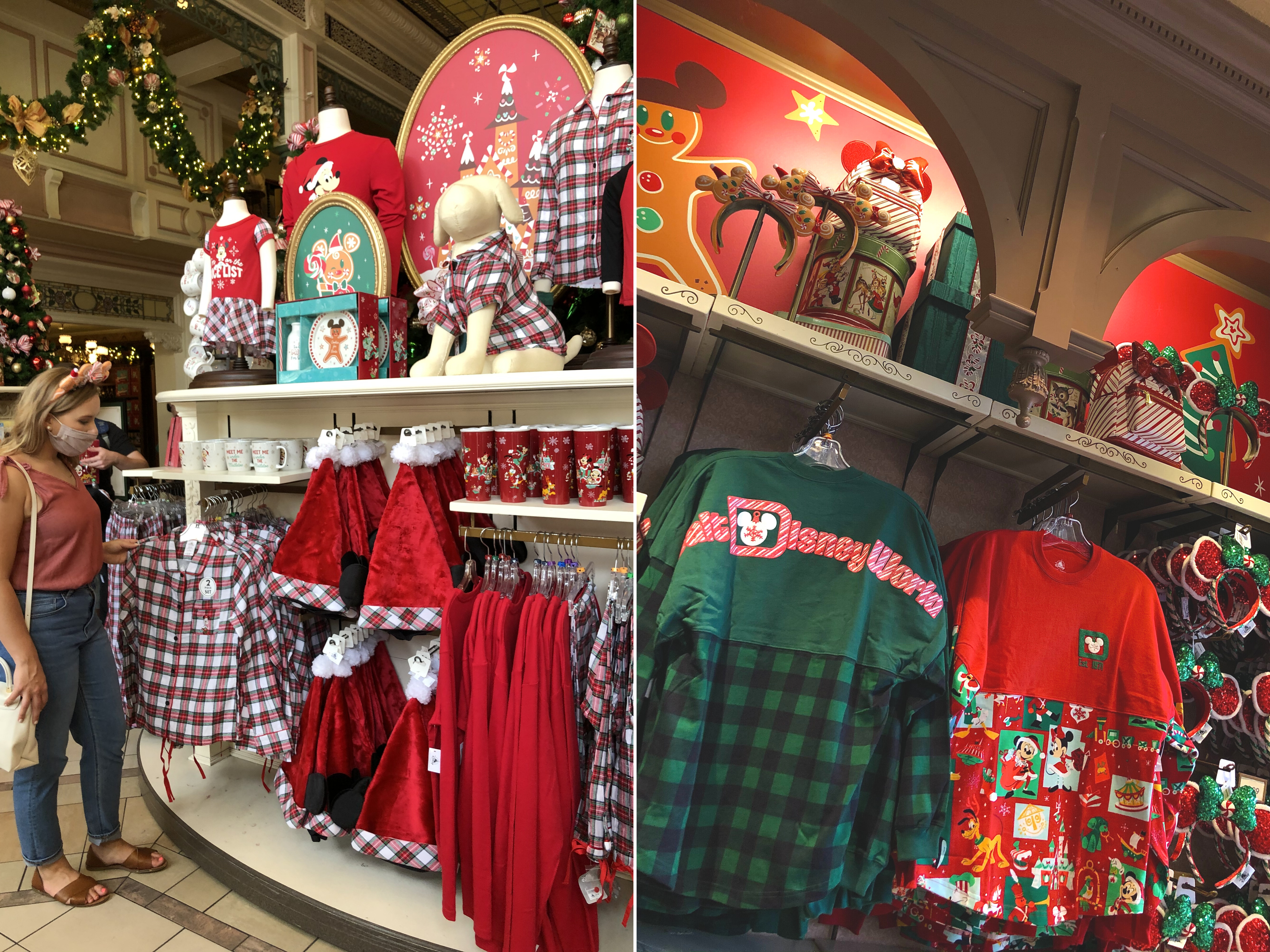 Left: Kelly Nelson shops holiday apparel at Magic Kingdom Park. Right:Various holiday inspired apparel and Minnie Ears at Walt Disney World® Resort.