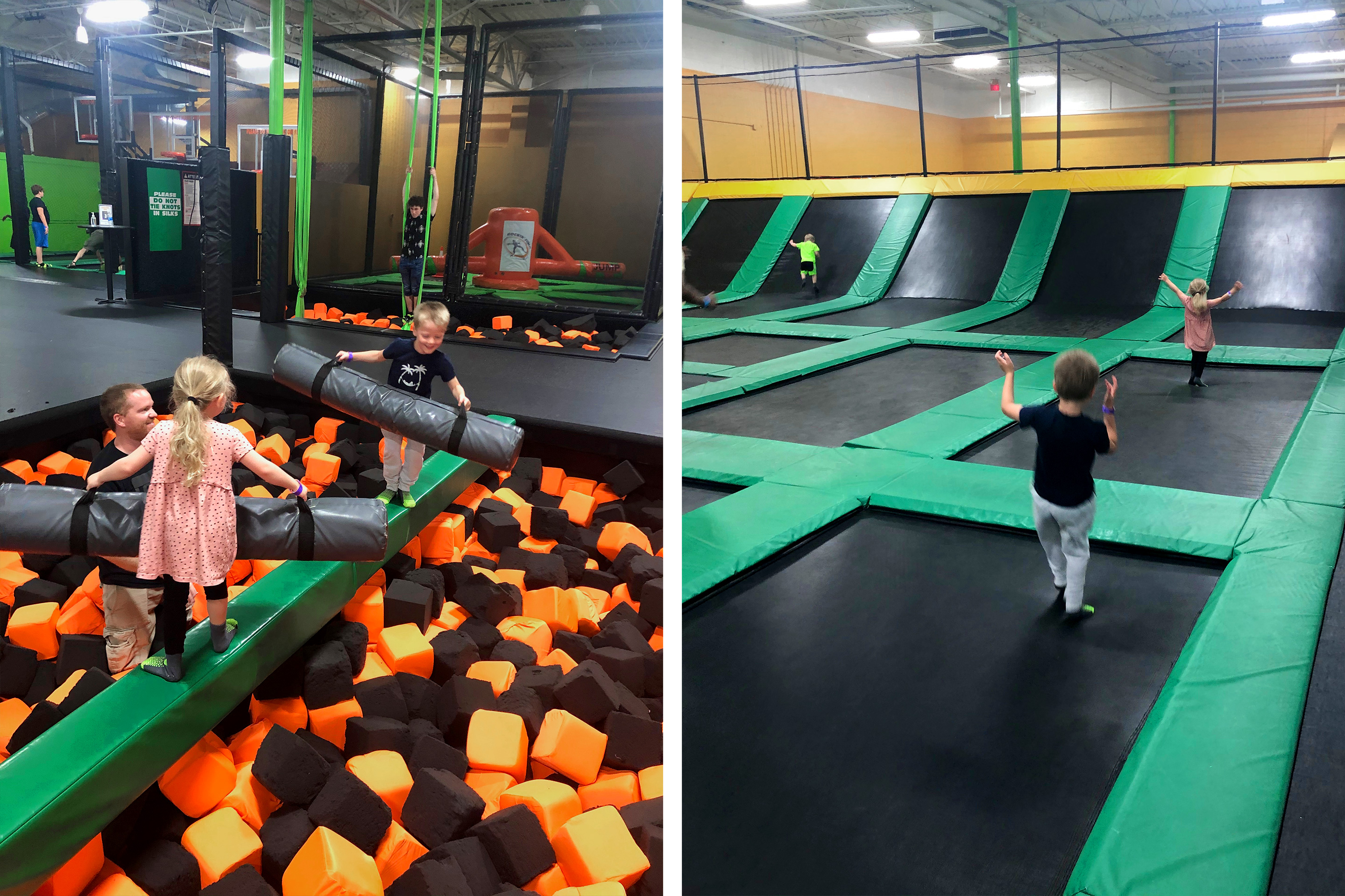 Left: Brianna's daughter (front), husband (left) and son (back) enjoy an obstacle pit at Rockin’ Jump Trampoline Park. Right: Brianna's son (front) and daughter (back) jump on the massive trampoline units.