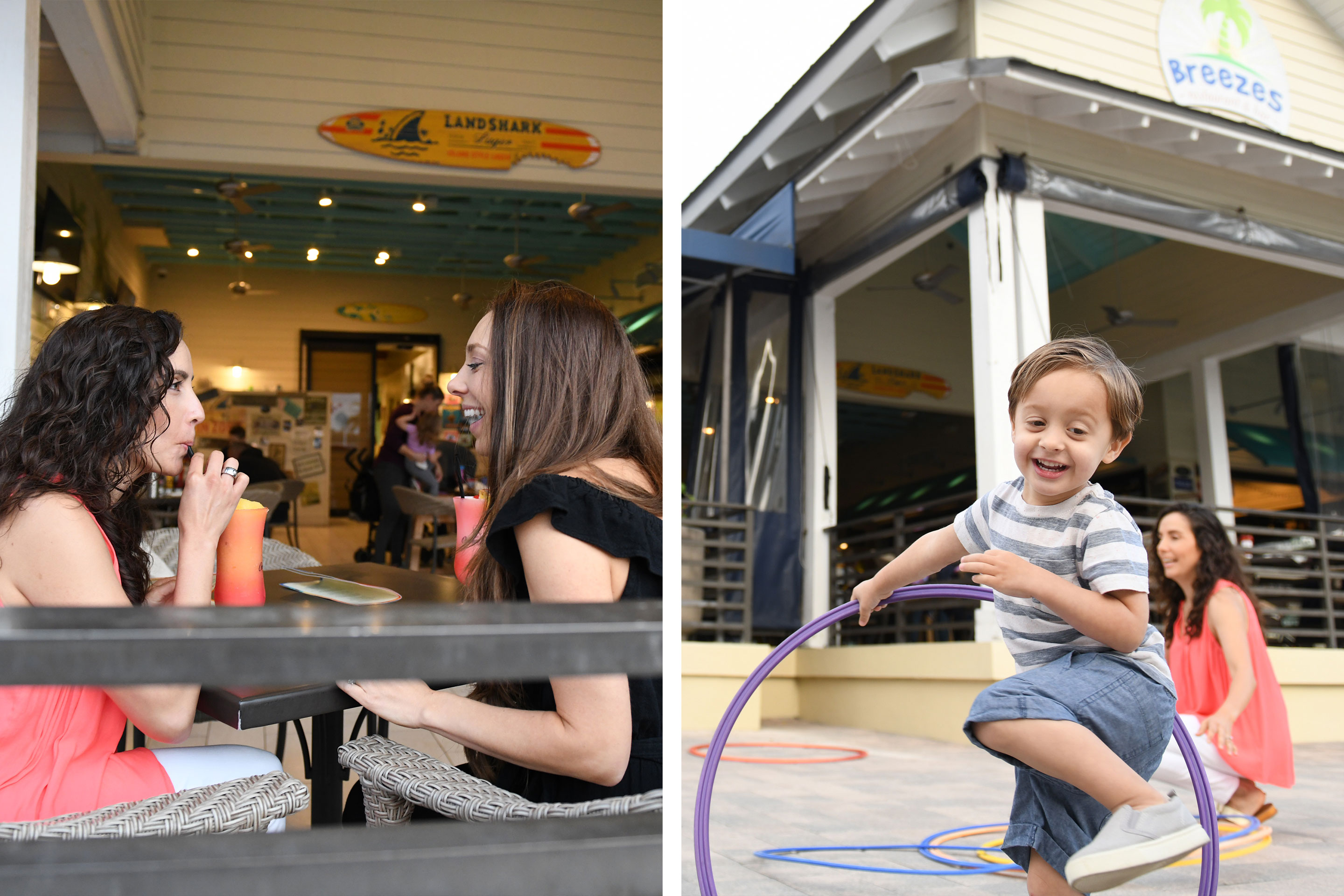 Left: Two women seated on an outdoor patio of the Breezes Restaurant and Bar in West Village at Orange Lake Resort in Orlando, FL. Right: A young boy hula hoops as his mother looks onward in front of the Breezes Restaurant and Bar in West Village.