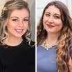 Left: Featured Contributor, Jess Salina, stands in front of a beige wall wearing a black top. Right: Checking In Writer and Editor, Tori Ferrante, stands in front of a white house wearing a purple-gray top and statement necklace.