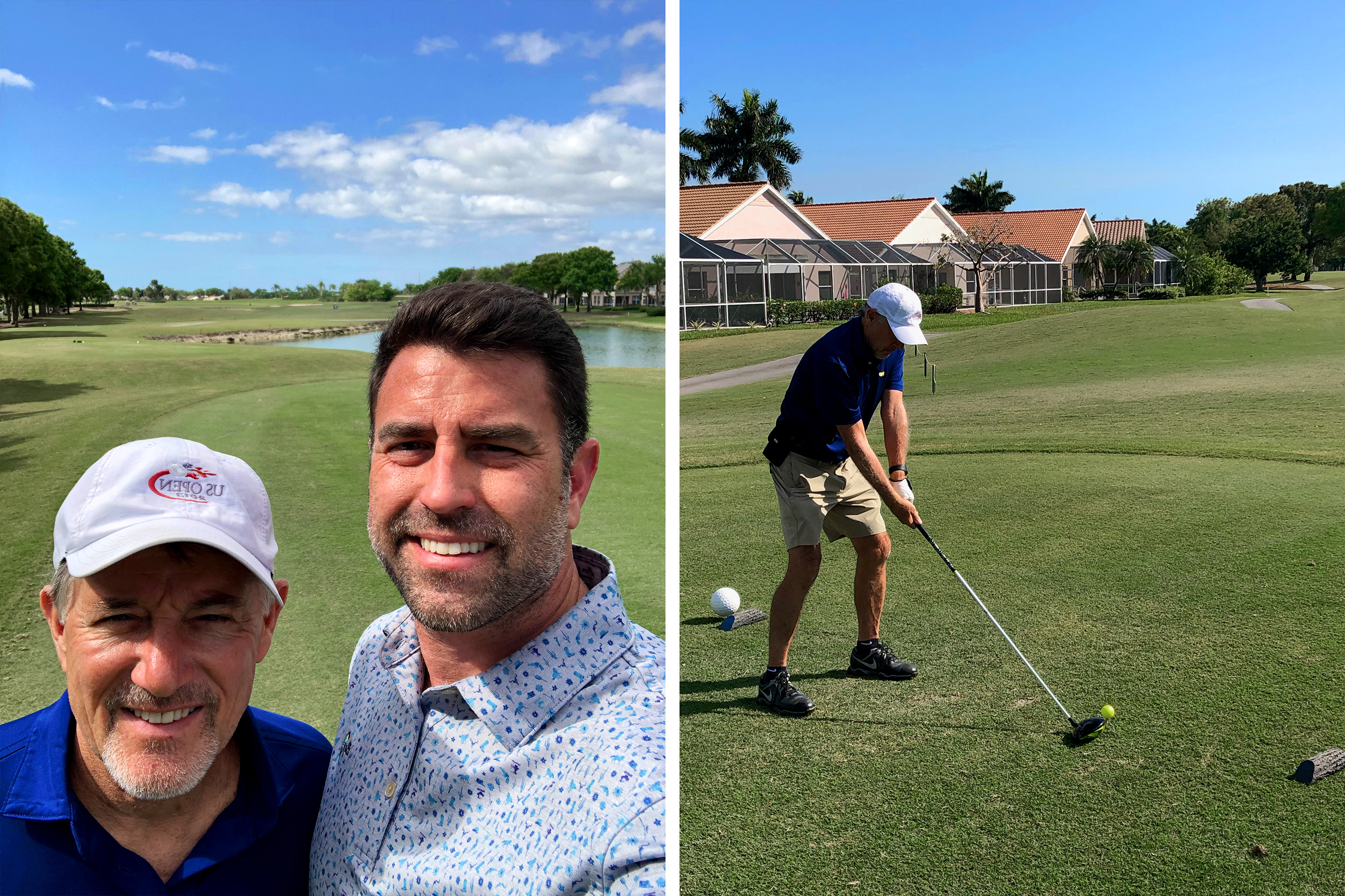 Left: Two caucasian males stand on a golf course. Right: A caucasian male holds a driver on a golf course surrounded by homes.