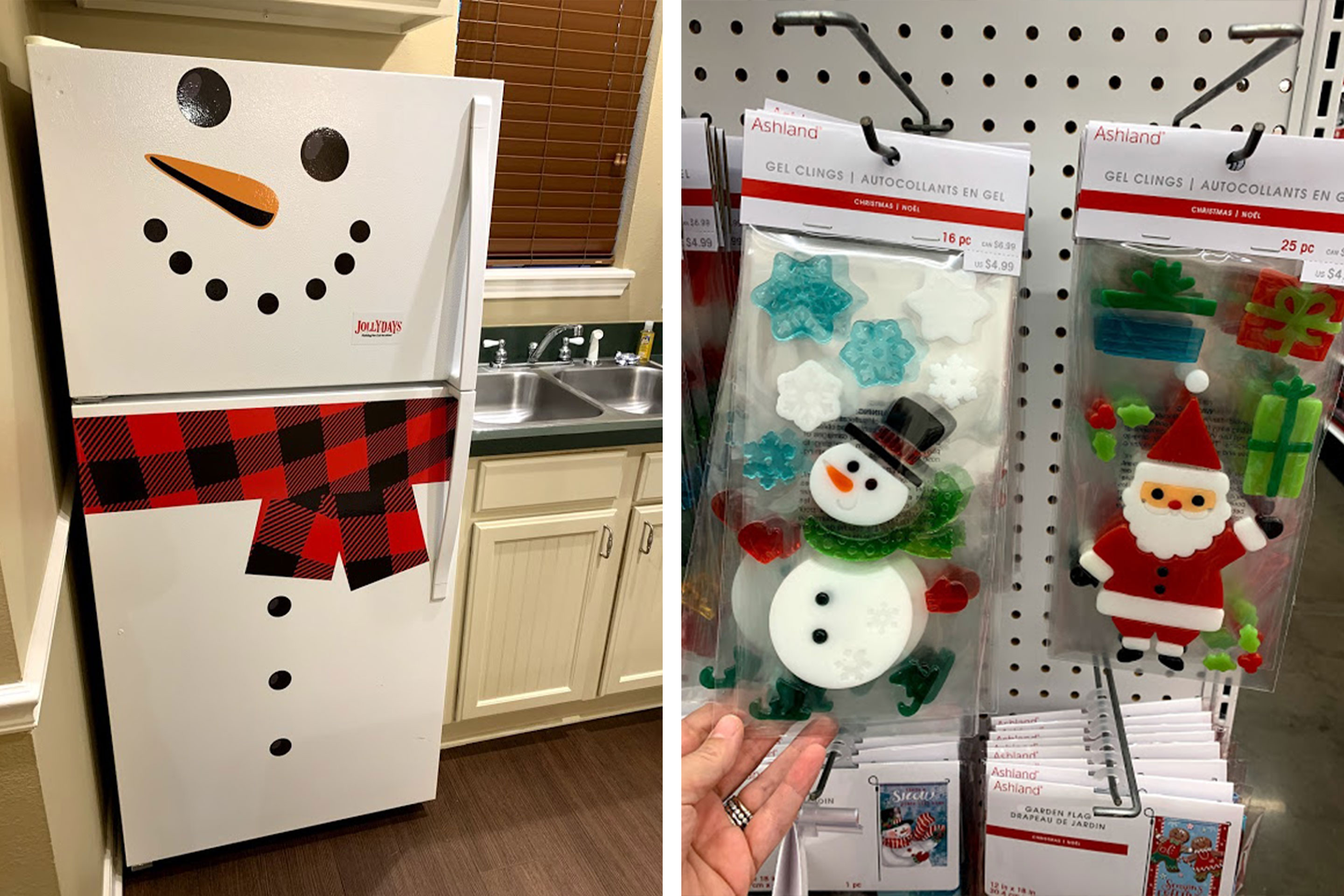 Left: A villa refrigerator decorated with Snowman magnetized accessories. Right: Holiday gel window clings of Santa and Frosty.