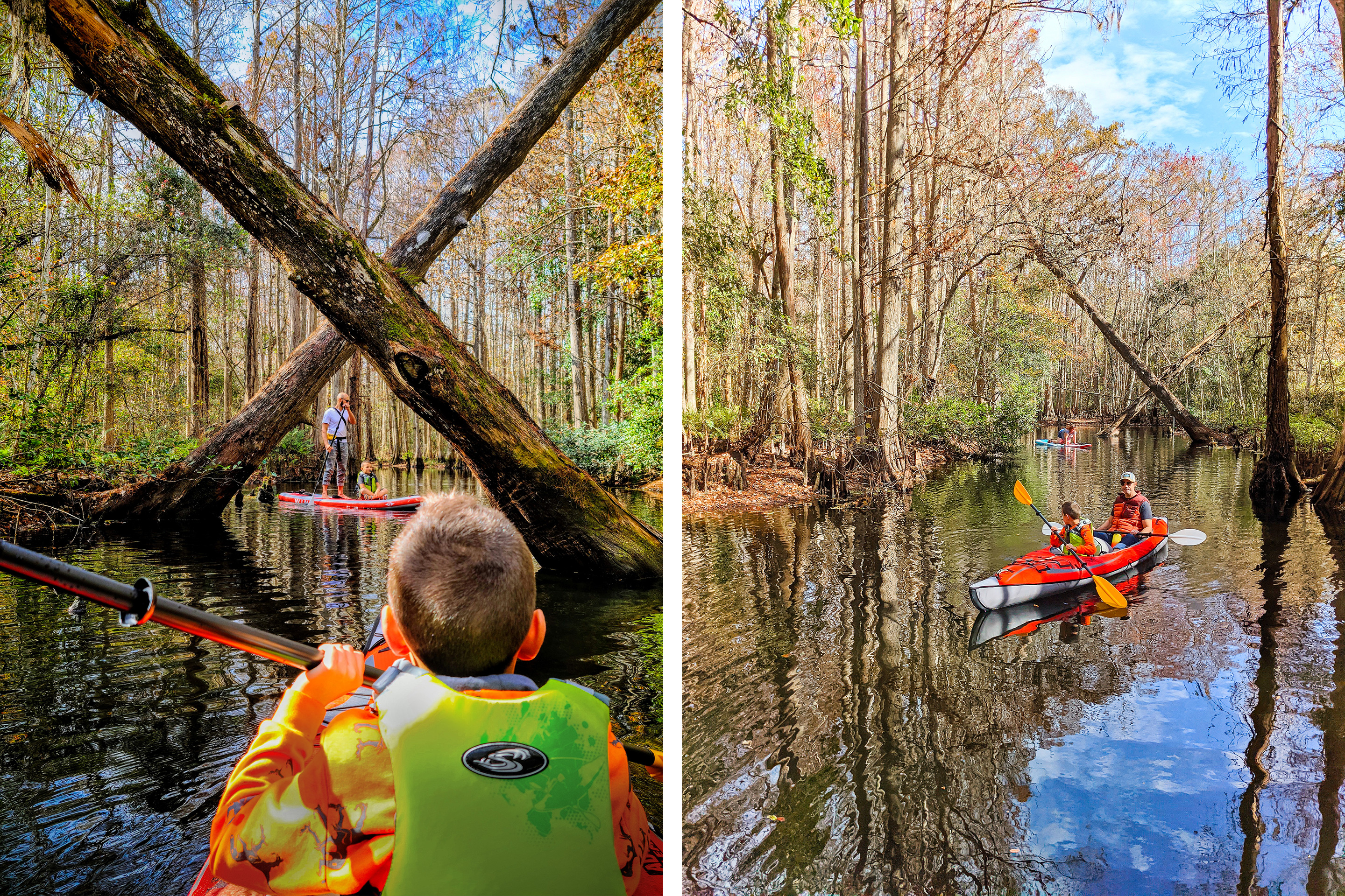 Left: A young boy wearing a neon green life jacket on a kayak holds a paddle and looks towards two trees criss-crossed over the river. Right: A young boy (front) and a man (right) sit in a red kayak with paddles on a river.