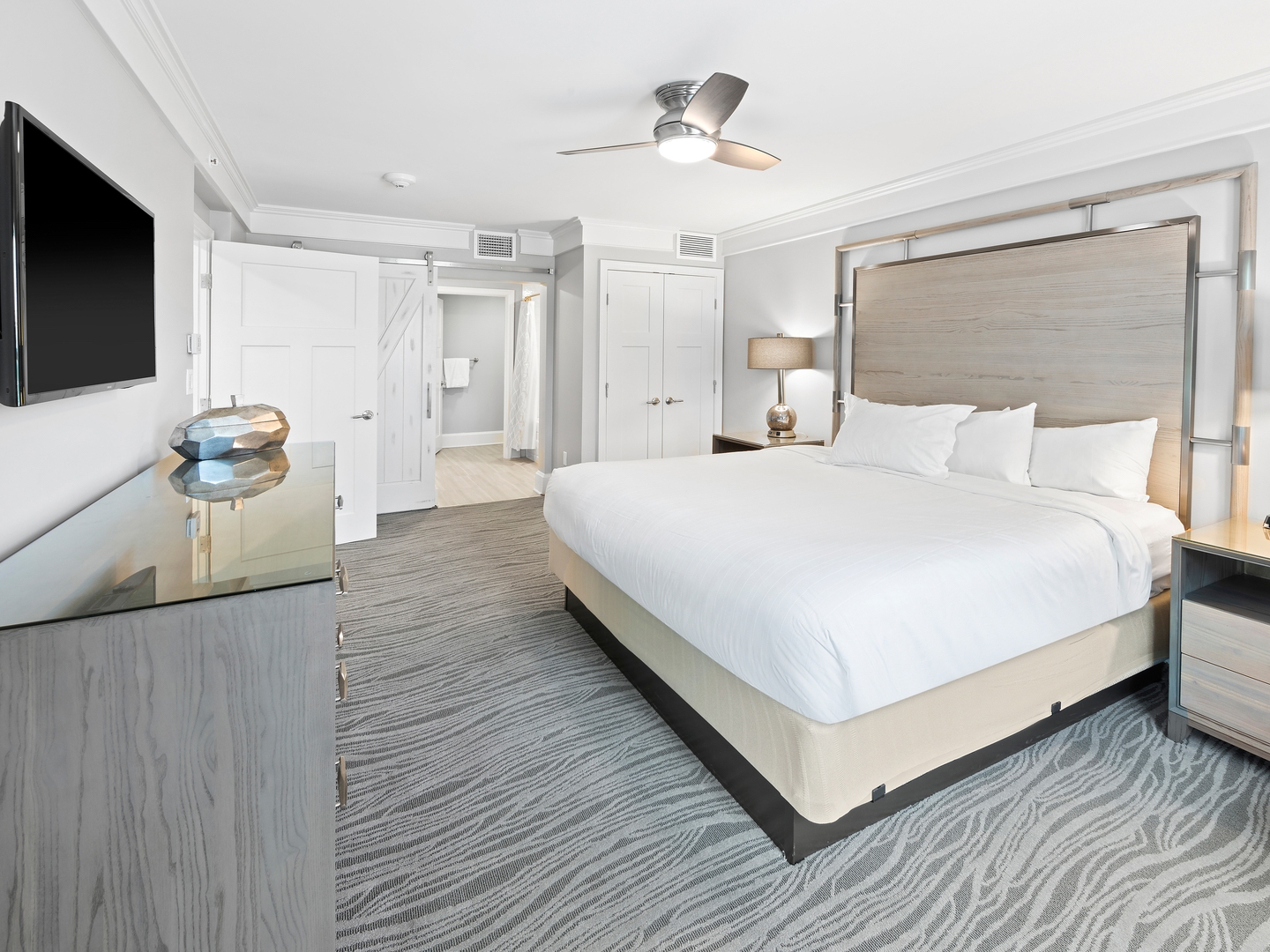 Master bedroom in a four-bedroom Signature Collection villa at Cape Canaveral Resort.