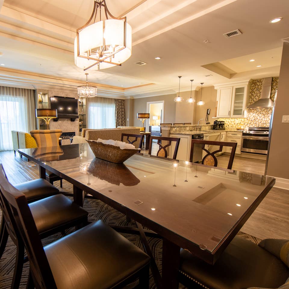 Dining room table in a three-bedroom Signature Collection villa at South Beach Resort in Myrtle Beach, South Carolina.
