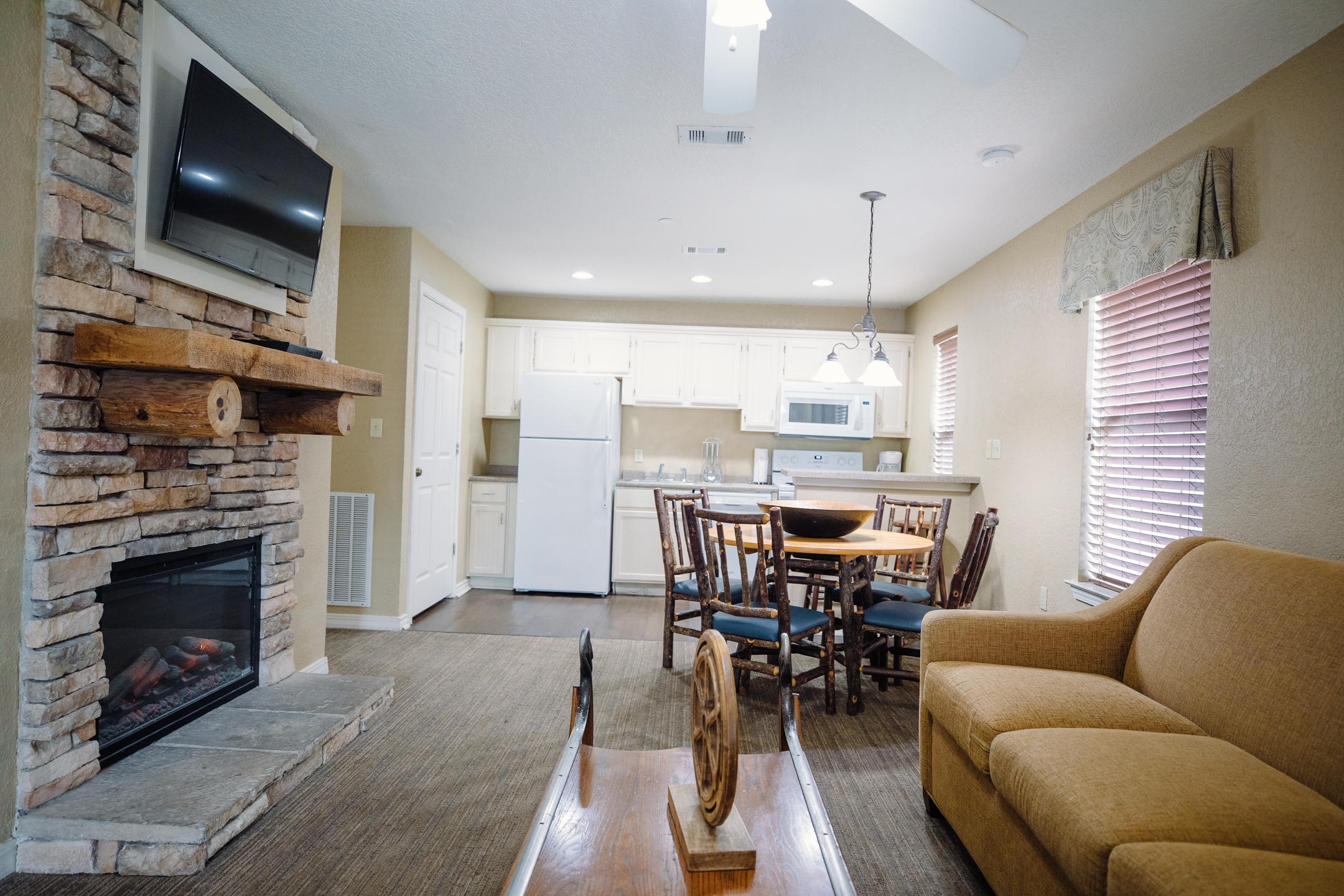 Living room in a two-bedroom lodge villa at the Hill Country Resort in Canyon Lake, Texas.