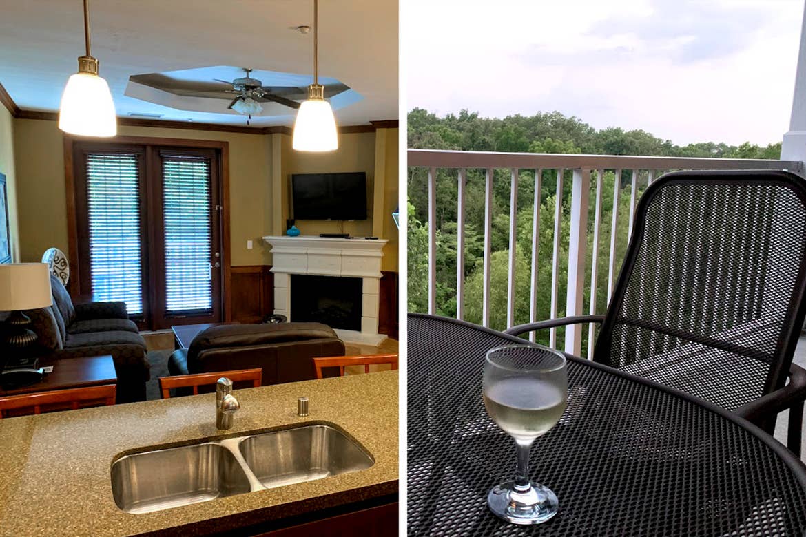 Left: A villa living room with fireplace and doors leading out to balcony. Right: The balcony with a metal table and glass. of white wine surrounded by trees.