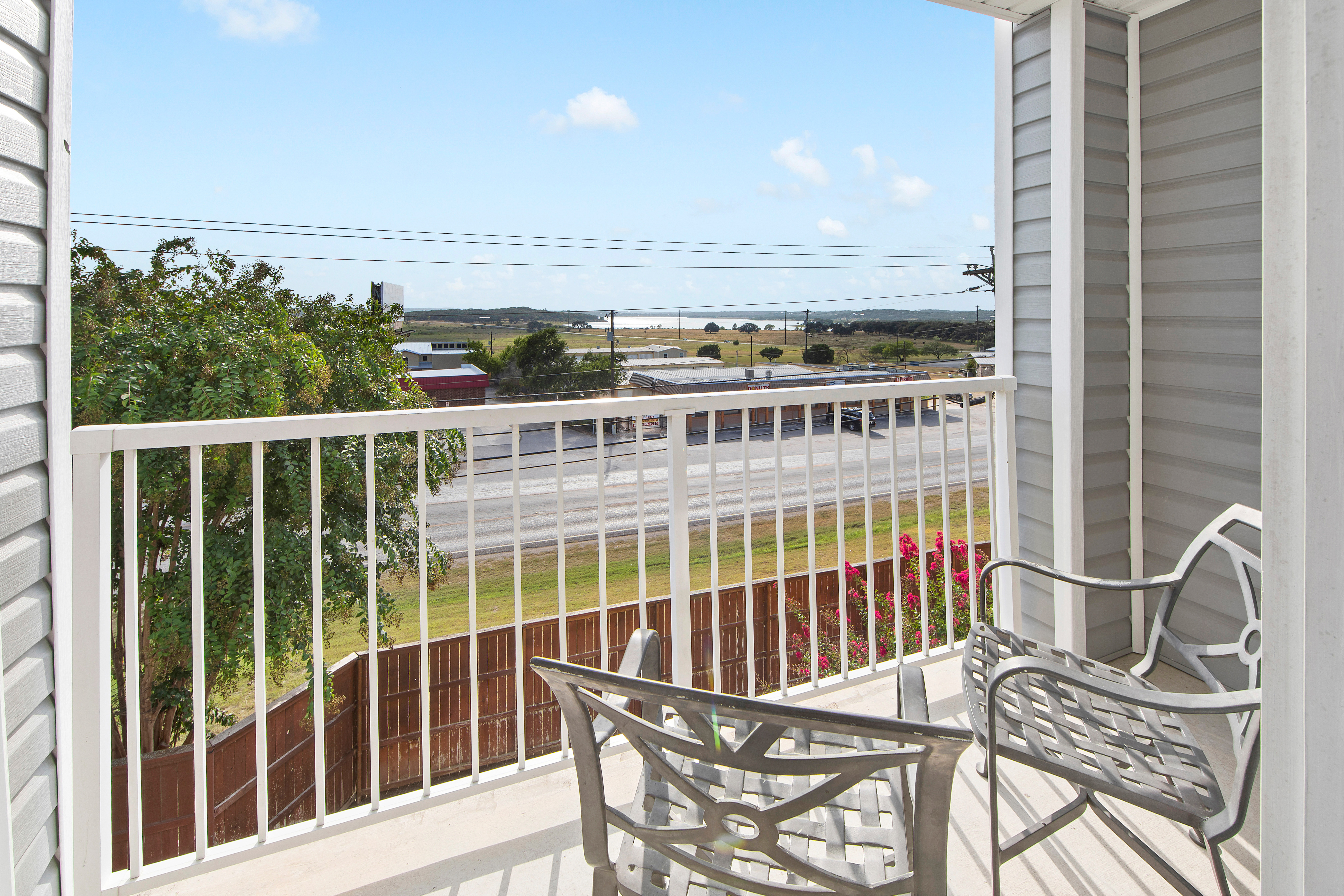 Balcony in a three-bedroom ambassador villa at the Hill Country Resort in Canyon Lake, Texas.