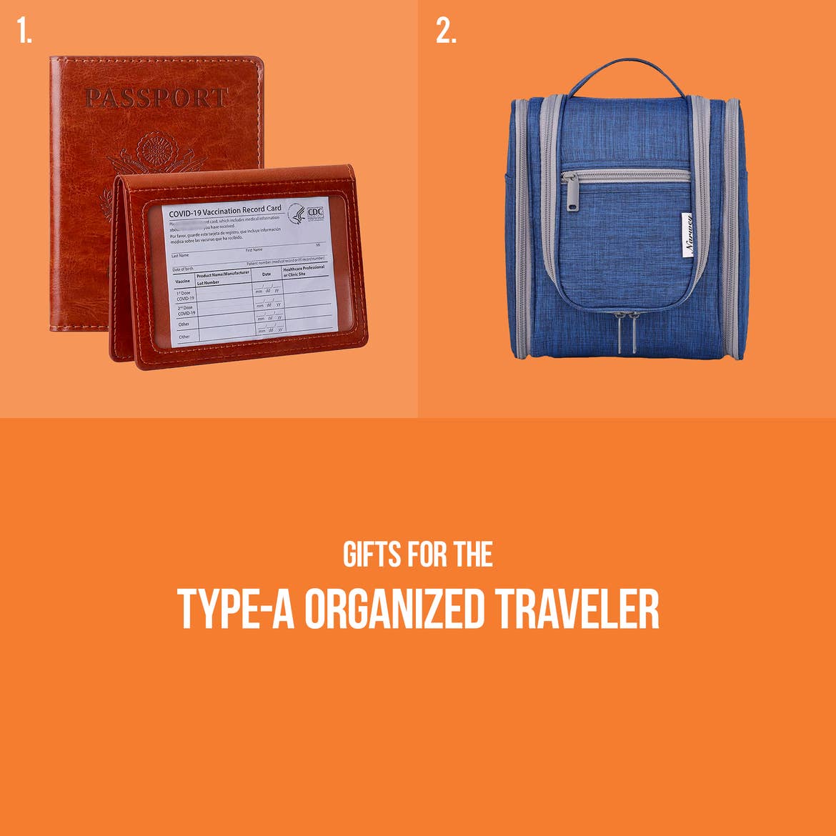 A passport holder and insulated cooler image are placed on top of an orange graphic that reads, 'Gifts for the Type-A organized traveler.'
