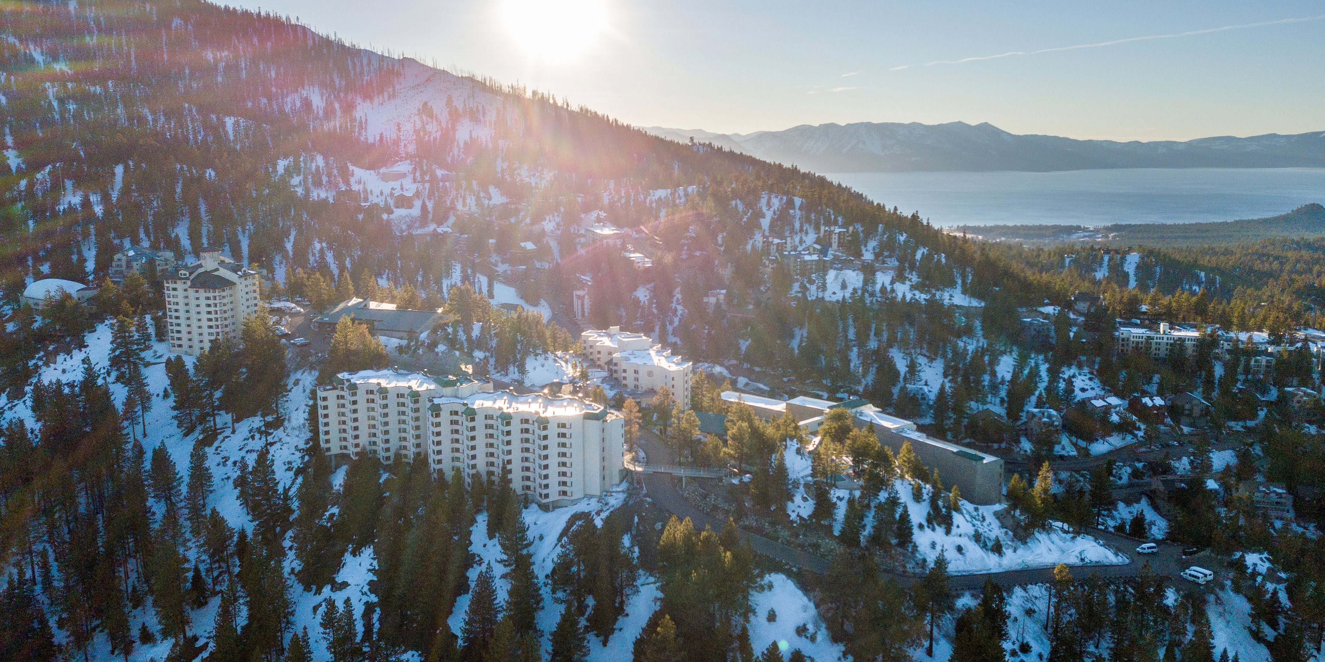 Exterior view of property on snowy hills at Tahoe Ridge Resort in Stateline, Nevada.